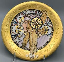 Exrare Alphonse Mucha Limoges Large Plate Art Nouveau Gold Hand Painted Stunning