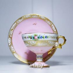 Fine Antique Limoges France Hand Painted Pink Floral Motif Pedestal Cup & Saucer