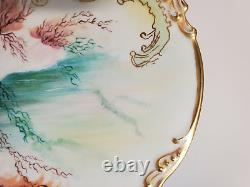Fine Jean Pouyat Limoges Hand Painted Shell Coral Plate Gilt Gold c 1905