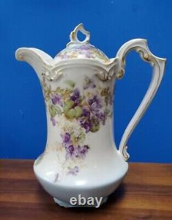 Flambeau French Limoges hand painted Violets chocolate pot with lid circa 1900