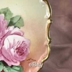Flambeau LDBC Limoges Hand Painted & Signed Pink Texas Roses Gold Charger