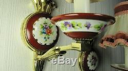 French Antique Hand Painted Porcelain Pair Limoges Wall Sconces Bronze Lights
