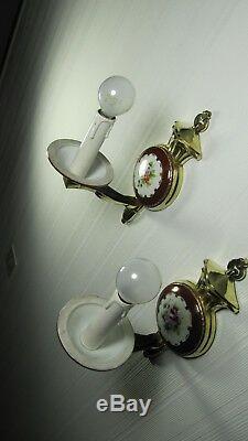 French Antique Hand Painted Porcelain Pair Limoges Wall Sconces Bronze Lights