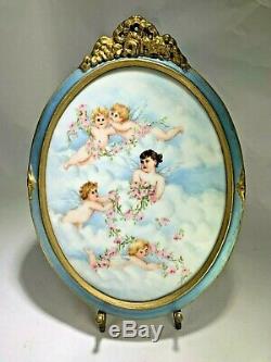 French Antique Oval Limoges Hand-painted Cherubs Angels Clouds Porcelain Plaque