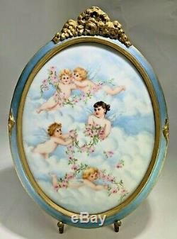 French Antique Oval Limoges Hand-painted Cherubs Angels Clouds Porcelain Plaque