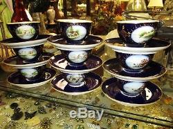 French Jean Pouyot Limoges Set 9 Cups & Saucers Cobalt Gold Hand Painted Scenes