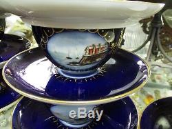 French Jean Pouyot Limoges Set 9 Cups & Saucers Cobalt Gold Hand Painted Scenes