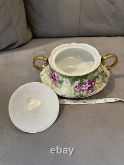 French Limoges Biscuit Bowl And Serving Tray Hand Painted Flowers Artist Signed