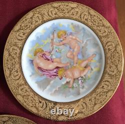 French Limoges Hand Painted Cherub 7 Plate Romance Gold Rim Set Of 3