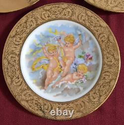 French Limoges Hand Painted Cherub 7 Plate Romance Gold Rim Set Of 3