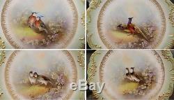 French Limoges Set 12 Hand Painted Scalloped Game Plates High Gold Coiffe C-1900