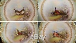 French Limoges Set 12 Hand Painted Scalloped Game Plates High Gold Coiffe C-1900