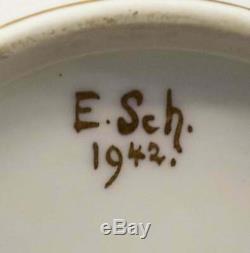French Limoges parcel gilt porcelain tea set hand-painted signed E. Sch 1940-1949