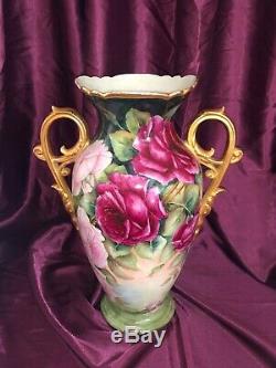 French Porcelain Hand Painted Rose Vase with Handles, Limoges Vase Artist Signed