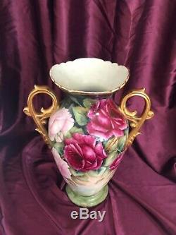 French Porcelain Hand Painted Rose Vase with Handles, Limoges Vase Artist Signed