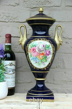 French cobalt blue limoges porcelain hand paint floral Vase swan handles