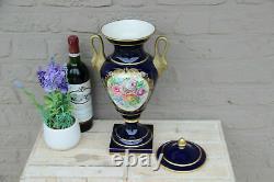 French cobalt blue limoges porcelain hand paint floral Vase swan handles