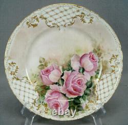 GDA Limoges Hand Painted Large Pink Roses & Gold 8 1/2 Inch Plate Signed 1902