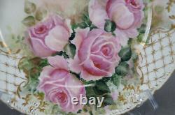 GDA Limoges Hand Painted Large Pink Roses & Gold 8 1/2 Inch Plate Signed 1902