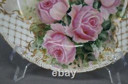 GDA Limoges Hand Painted Large Pink Roses & Gold 8 1/2 Inch Plate Signed 1902