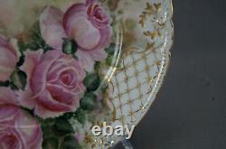 GDA Limoges Hand Painted Large Pink Roses & Gold 8 1/2 Inch Plate Signed 1902