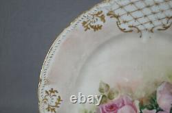 GDA Limoges Hand Painted Large Pink Roses & Gold 8 1/2 Inch Plate Signed 1902