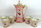 Gorgeous Antique Limoges Hand Painted Pink Green & Gold Chocolate Pot W 5 Cups