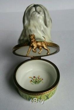 GR Limoges Hand Painted Porcelain White & Gray Old English Sheepdog Trinket Box
