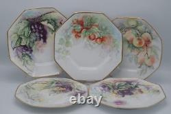 GUERIN LIMOGES SET OF 5 OCTAGONAL PLATES 8.5/8 HAND PAINTED FRUITS GOLD c. 1910