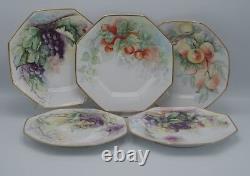 GUERIN LIMOGES SET OF 5 OCTAGONAL PLATES 8.5/8 HAND PAINTED FRUITS GOLD c. 1910