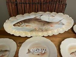 Gorgeous LIMOGES FISH SET SERVING PLATTER /Plates HAND PAINTED 9-Plates