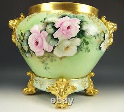 Gorgeous Limoges Handpainted Roses Raised 14 Jardiniere With Plinth Gold Signed