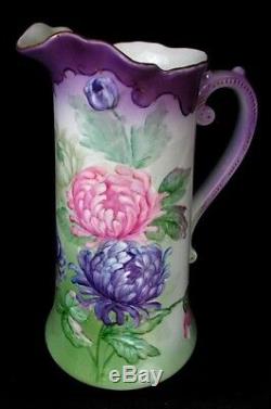 HUGE LIMOGES PITCHER HAND PAINTED CHRYSANTHEMUMS SIGNED H. DOLSON c. 1880