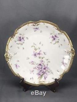 Hand Painted Coiffe LS&S Limoges Violets & Gold Scalloped Punch Bowl & Plate Set