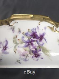 Hand Painted Coiffe LS&S Limoges Violets & Gold Scalloped Punch Bowl & Plate Set