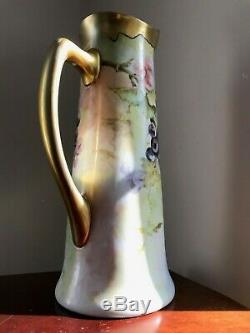 Hand Painted JPL Limoges Tankard PitcherFlowers and Gold Handle No. Signed 15h