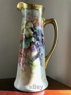 Hand Painted JPL Limoges Tankard PitcherFlowers and Gold Handle No. Signed 15h