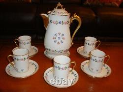 Hand Painted Limoges France Chocolate Coffee Tea Set, 5 Cups & Pot, Roses & Gold