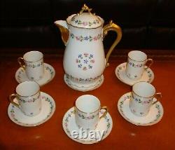 Hand Painted Limoges France Chocolate Coffee Tea Set, 5 Cups & Pot, Roses & Gold