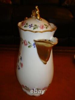 Hand Painted Limoges France Chocolate Coffee Tea Set, 5 Cups & Pot, Roses & Gold