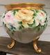 Hand Painted Porcelain Jardiniere Pink Roses Signed Catherine 3 Footed Vase