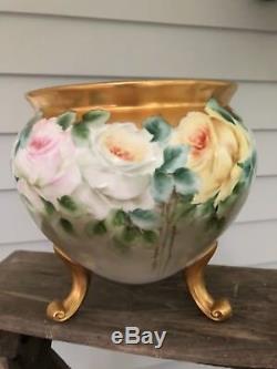 Hand Painted Porcelain Jardiniere Pink Roses Signed Catherine 3 Footed Vase