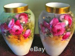 Hand Painted Roses Limoges Vases Pair