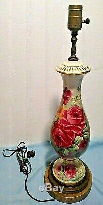Hand Painted Signed Victorian Limoges Style Porcelain Table Lamp 2' Roses Floral