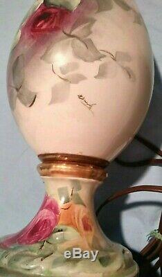 Hand Painted Signed Victorian Limoges Style Porcelain Table Lamp 2' Roses Floral