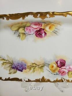 Hand Painted T&V Limoges Celery Tray Pink Red Yellow Roses GOLD Artist Signed
