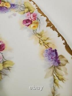 Hand Painted T&V Limoges Celery Tray Pink Red Yellow Roses GOLD Artist Signed