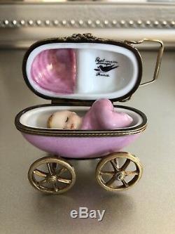 Hand painted Petit Main French LIMOGES BOX Baby Carriage W Baby Figurine $334