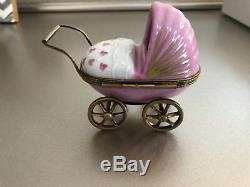 Hand painted Petit Main French LIMOGES BOX Baby Carriage W Baby Figurine $334