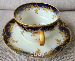 Haviland Limoges Antique Teacup & Saucer Set Raised Gold Roses Cobalt Blue